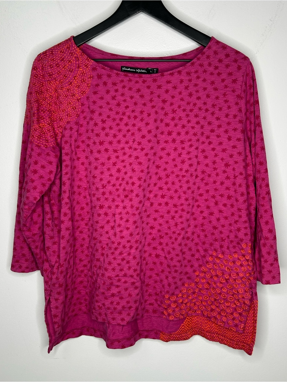 Gudrun Sjoden Organic Cotton 3/4 Sleeve Embroidered Top Size L